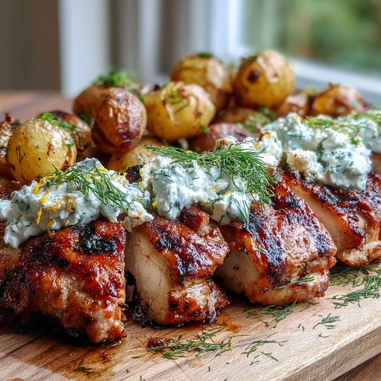 Golden brown baby potatoes sit beside tender chicken smothered in creamy feta sauce, perfect for a weeknight meal.