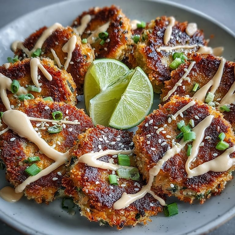 Asian-Style Tuna Cakes rest on a white plate with a zesty lime wedge and sprinkle of sesame seeds for garnish.