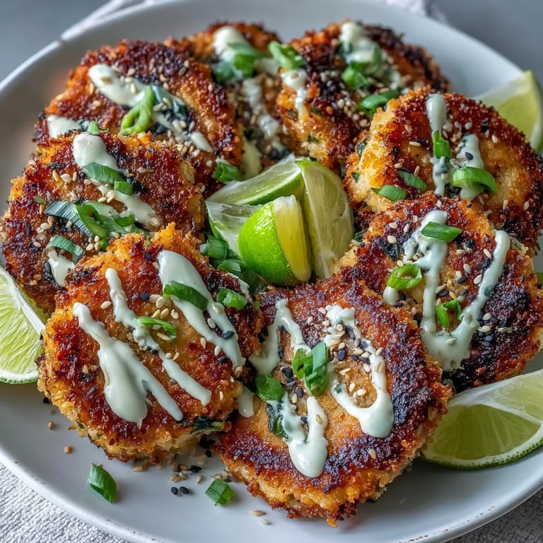 Close-up of Asian-Style Tuna Cakes highlighting crunchy panko coating and fresh green onion specks, drizzled with creamy spicy mayo.