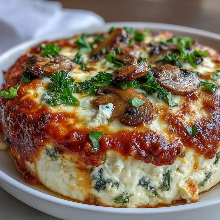 Close-up of a wholesome Cottage Cheese Pizza Bowl featuring creamy cottage cheese base and vibrant fresh spinach under marinara.