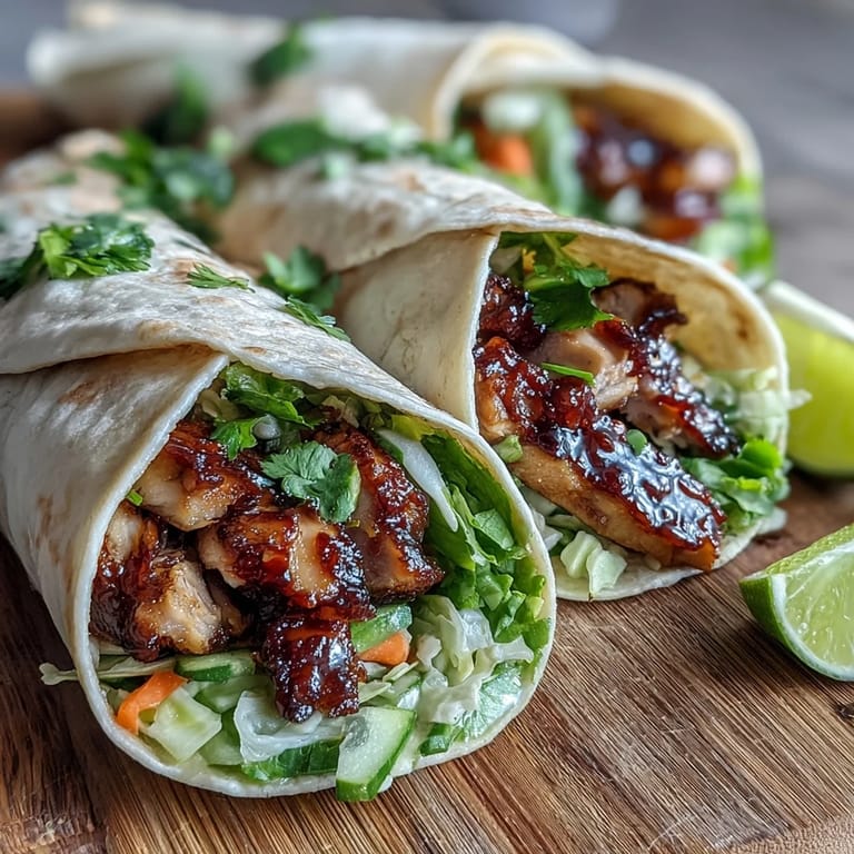 Sliced Sweet Chili Chicken Wraps served on a plate with fresh lime wedges and cilantro.