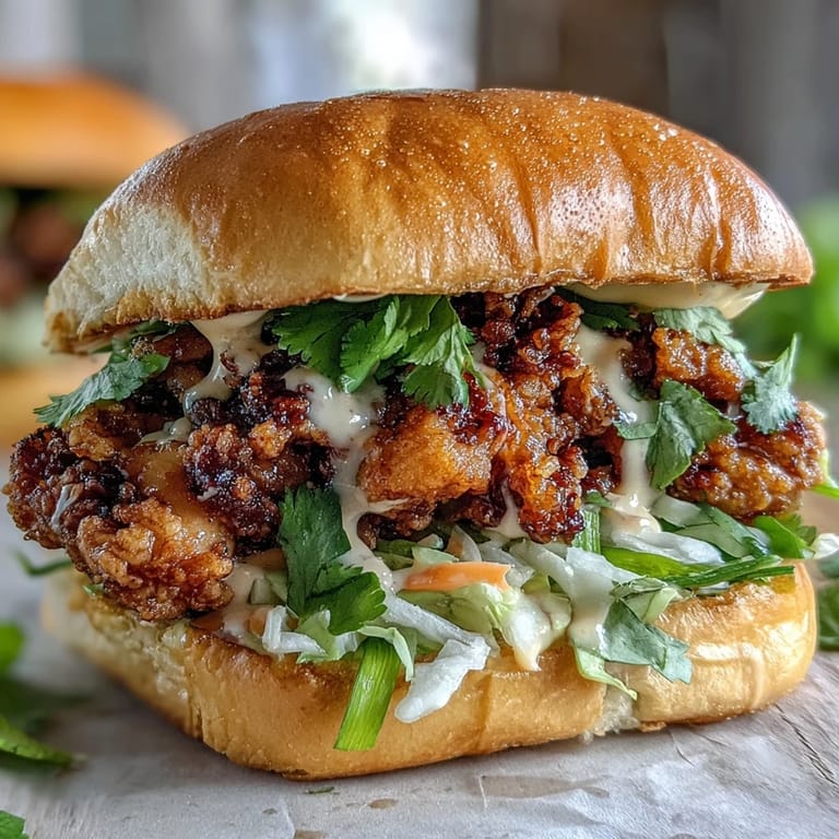 Close-up of a Thai Fried Chicken Sandwich with spicy sriracha mayo dripping onto a toasted bun.