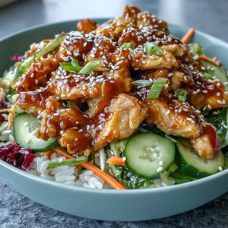 Beginner-friendly Bang Bang Chicken Bowl featuring juicy chicken, crunchy veggies, and drizzled spicy sauce, perfect for vibrant meal prep bowls.