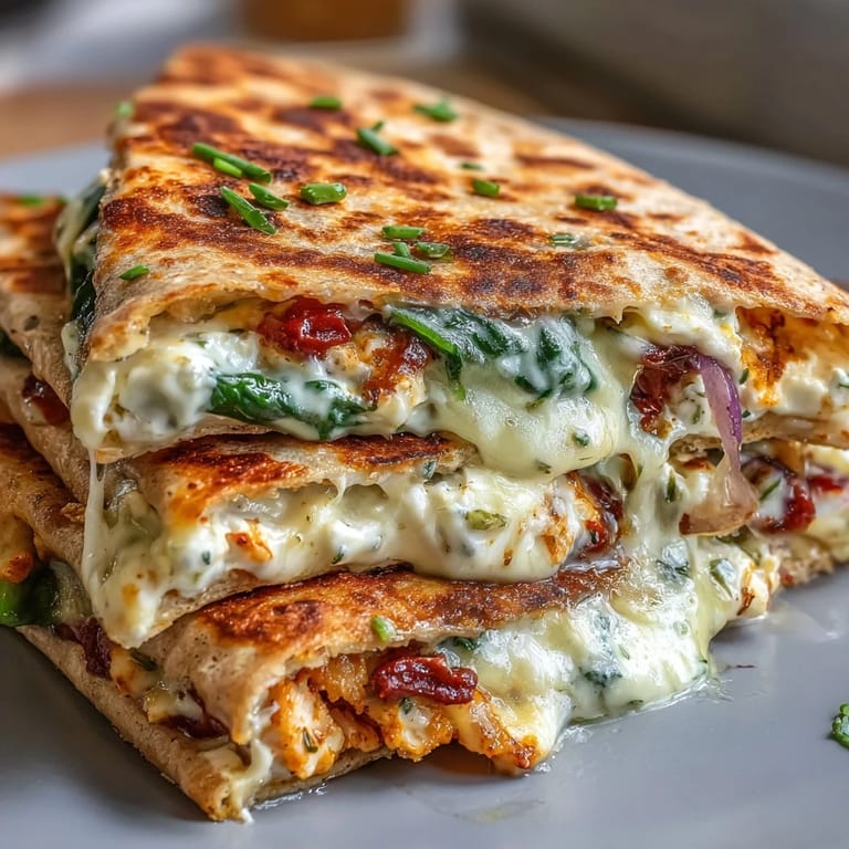 Crisp whole wheat tortillas stuffed with melted mozzarella, feta, spinach, and red onion slices.