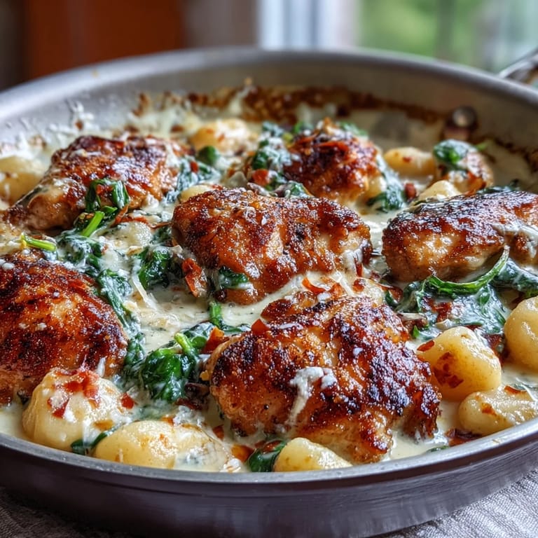 A close-up of One-Pan Creamy Garlic Chicken Gnocchi garnished with fresh parsley, served alongside crusty bread for dipping.