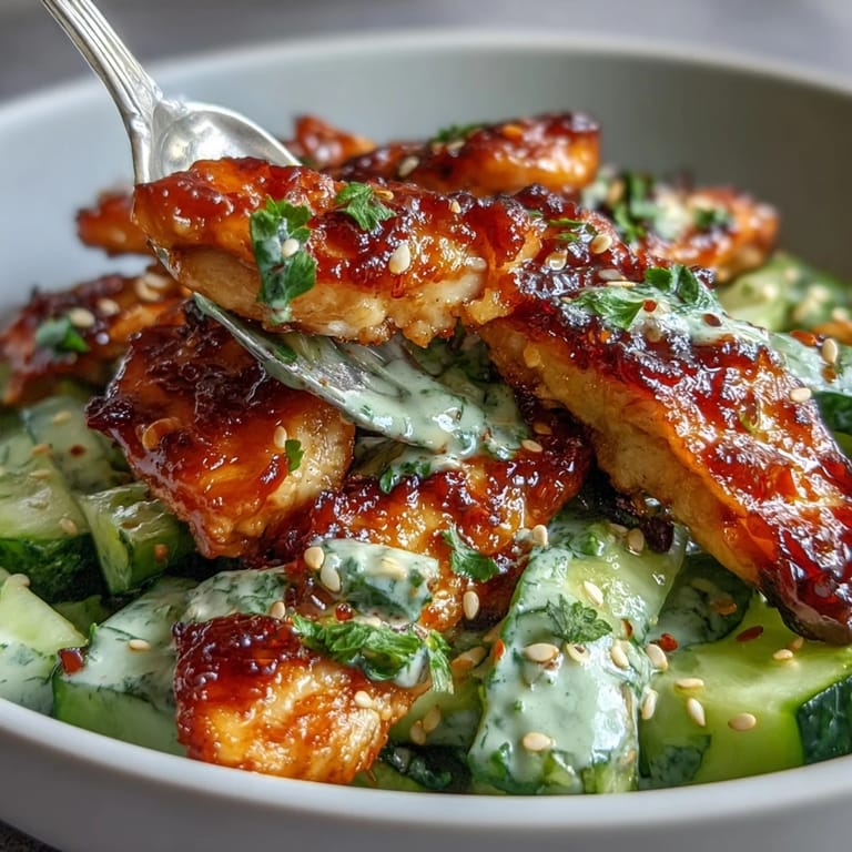 Cool cucumber salad paired with juicy marinated chicken in a bowl, garnished with fresh cilantro and a spoonful of spicy chili crisp.