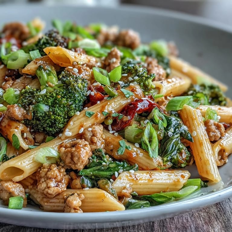 A close-up of a bowl filled with Sweet & Spicy Turkey Broccoli Pasta featuring tender turkey, crisp broccoli, and penne coated in a vibrant red-orange glaze.