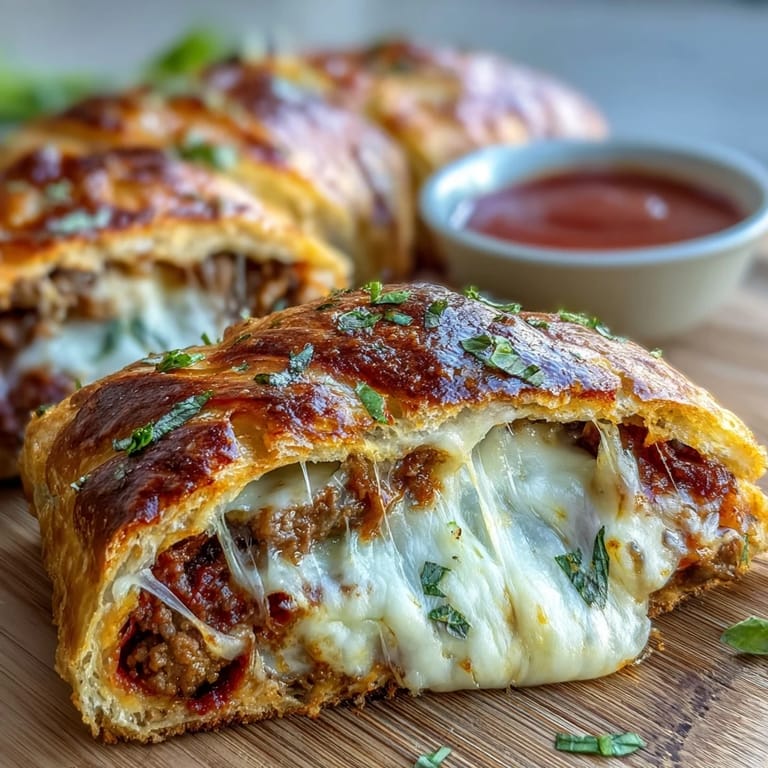 Freshly baked Baked High-Protein Pepperoni Stromboli served on a wooden board with a small bowl of red marinara sauce.