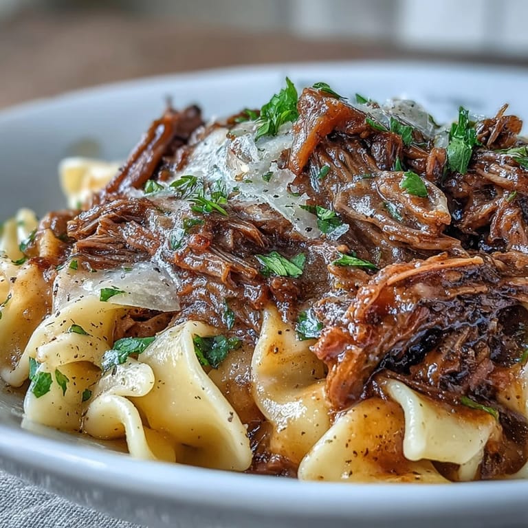 Savory Crockpot French Onion Pot Roast Pasta served in a white bowl with steam rising, a fork twirling noodles, and melted Gruyère on top for a cozy dinner.