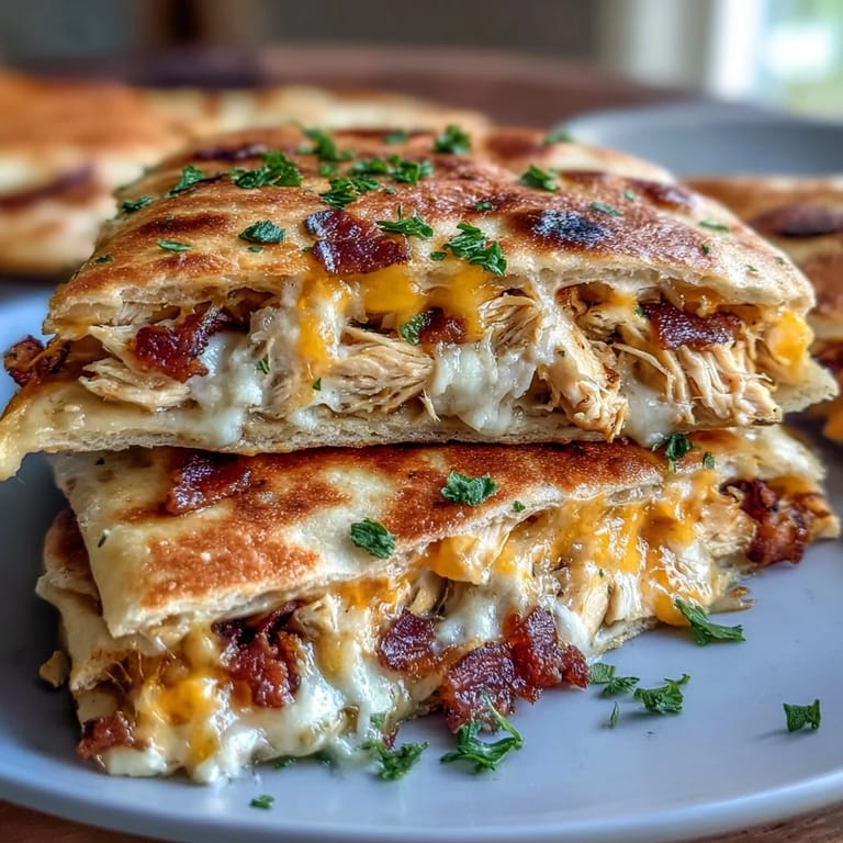 Freshly sliced Ranch Crack Chicken Stuffed Naan revealing savory chicken, bacon, and cheese.
