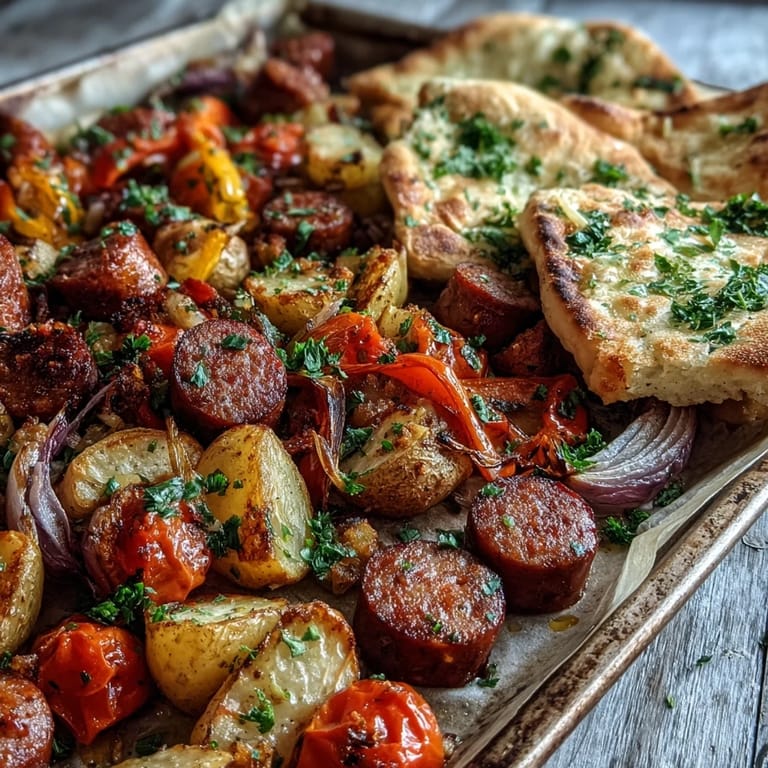 Close up of Smoky Sheet Pan Sausage & Veggies with Naan showing caramelized onions and herbs, perfect for weeknight dinner.