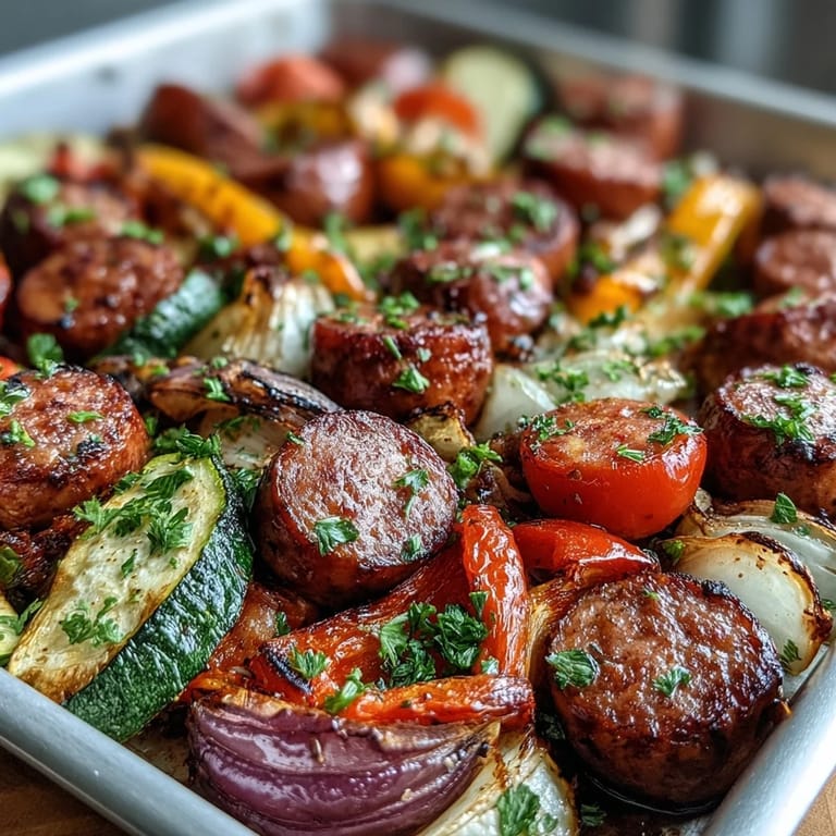 Close-up view of a Smoky Sheet Pan Sausage & Veggies serving with lemon wedges and fresh parsley, showcasing a quick, flavorful family meal.