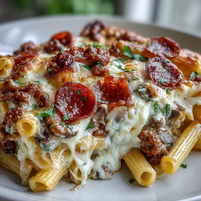 Close-up of High-Protein Pizza Pasta Bake showing savory ground beef, penne pasta, and melty mozzarella topping.