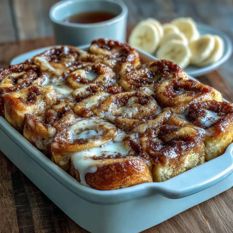 Freshly baked Cream Cheese Swirl Cinnamon Roll French Toast Bake topped with caramelized brown sugar and melted butter, served warm from the oven.