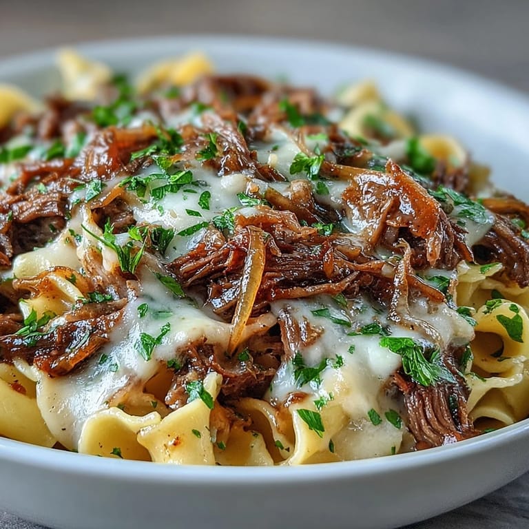 Slow-simmered beef and caramelized onions in savory gravy spooned over egg noodles for dinner.