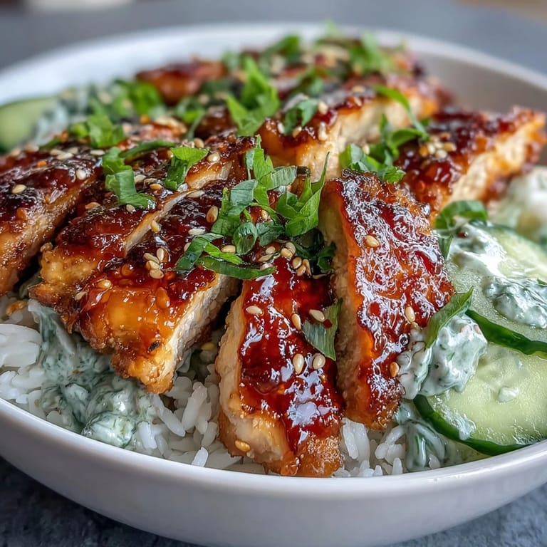 The TikTok Chili-Crisp Cucumber Chicken Bowl showcases golden chicken slices on fluffy rice, drizzled with glossy chili crisp oil.