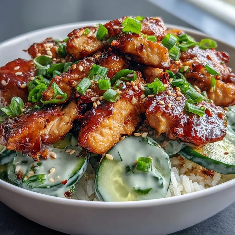 A close-up of a vibrant TikTok Chili-Crisp Cucumber Chicken Bowl highlights crunchy cucumbers and a dollop of creamy yogurt sauce.