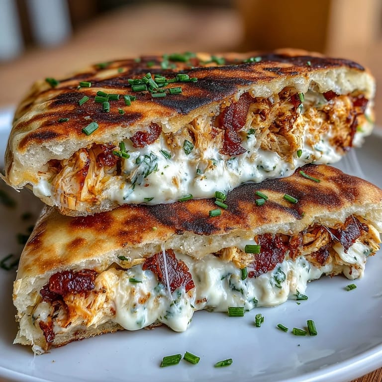 Two warm slices of Ranch Crack Chicken Stuffed Naan served beside a creamy dipping sauce.