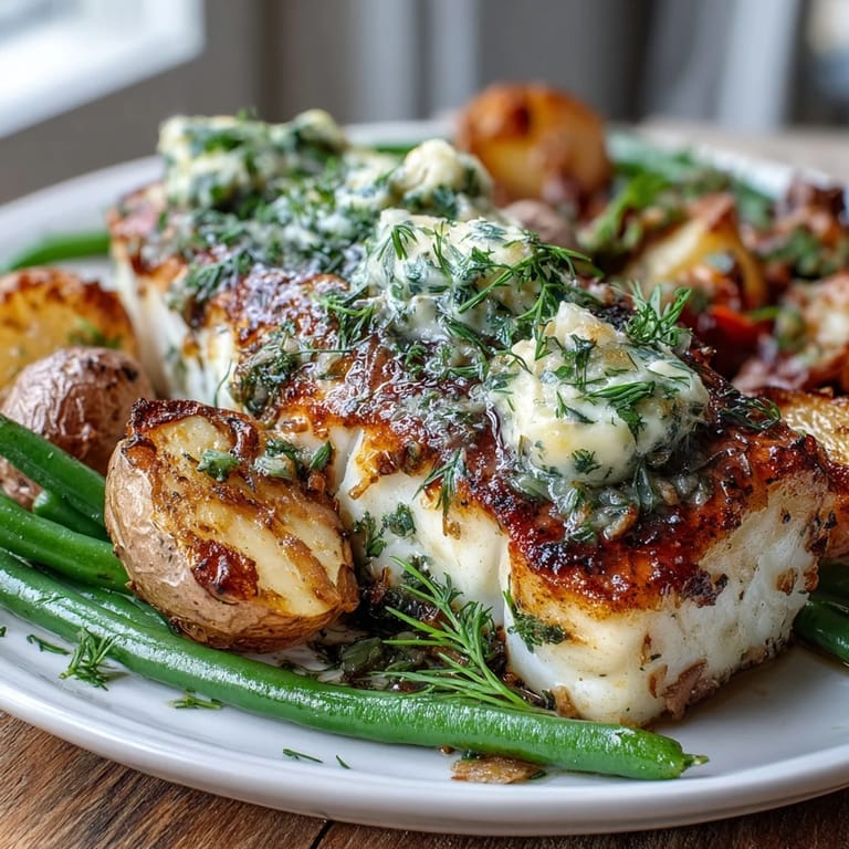 Fork-tender Garlic Herb Butter Cod flaked with fresh herbs, served with vibrant green beans and buttery baby potatoes for a wholesome weeknight dinner.