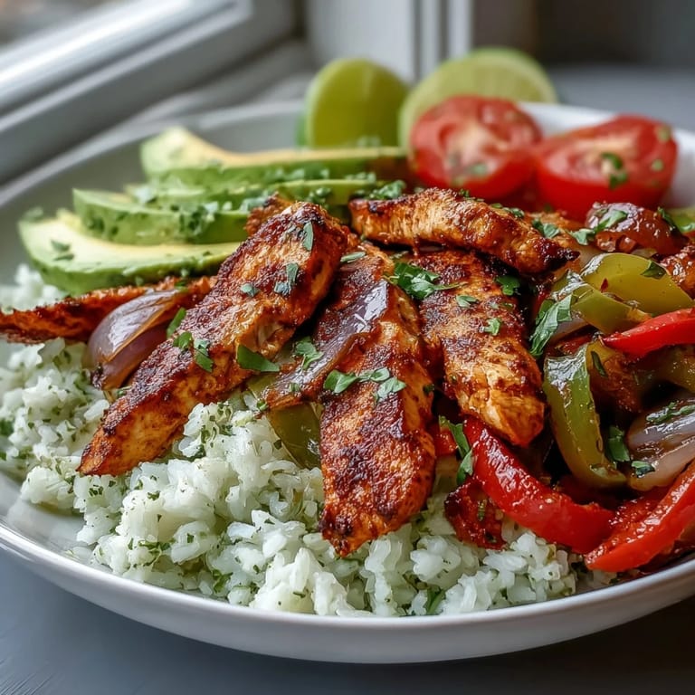 A fresh serving of Skinny Chicken Fajita Meal Prep Bowls with Cilantro-Lime Rice, bell peppers, and lime wedges on a wooden table.