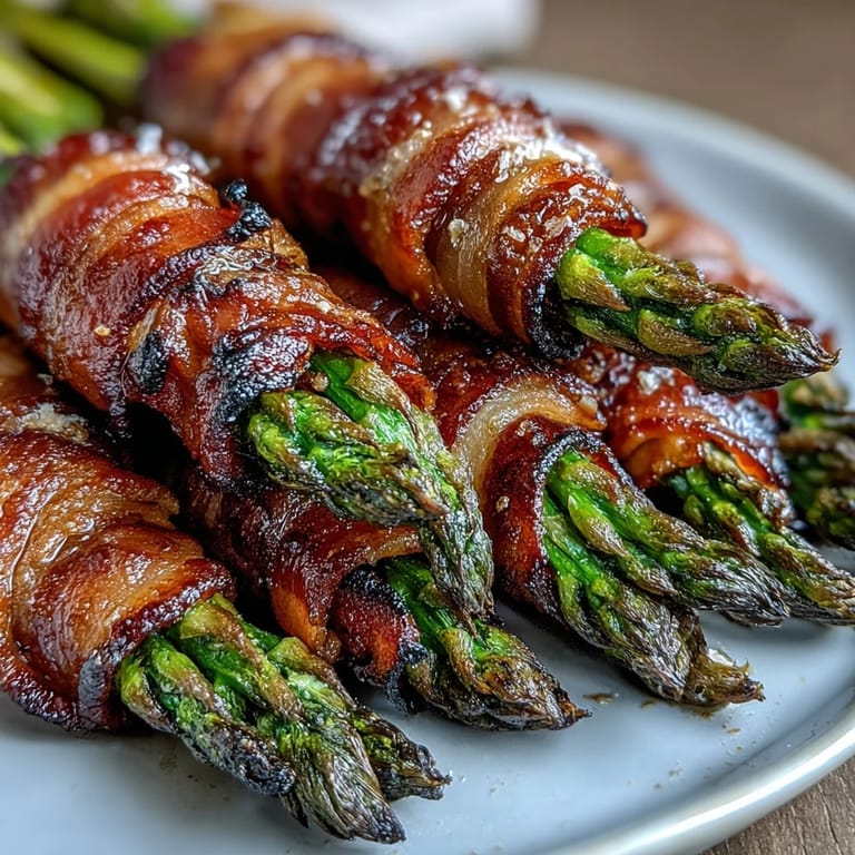 Tender green asparagus wrapped in smoky bacon, sprinkled with Parmesan and roasted until crisp on a parchment-lined tray.