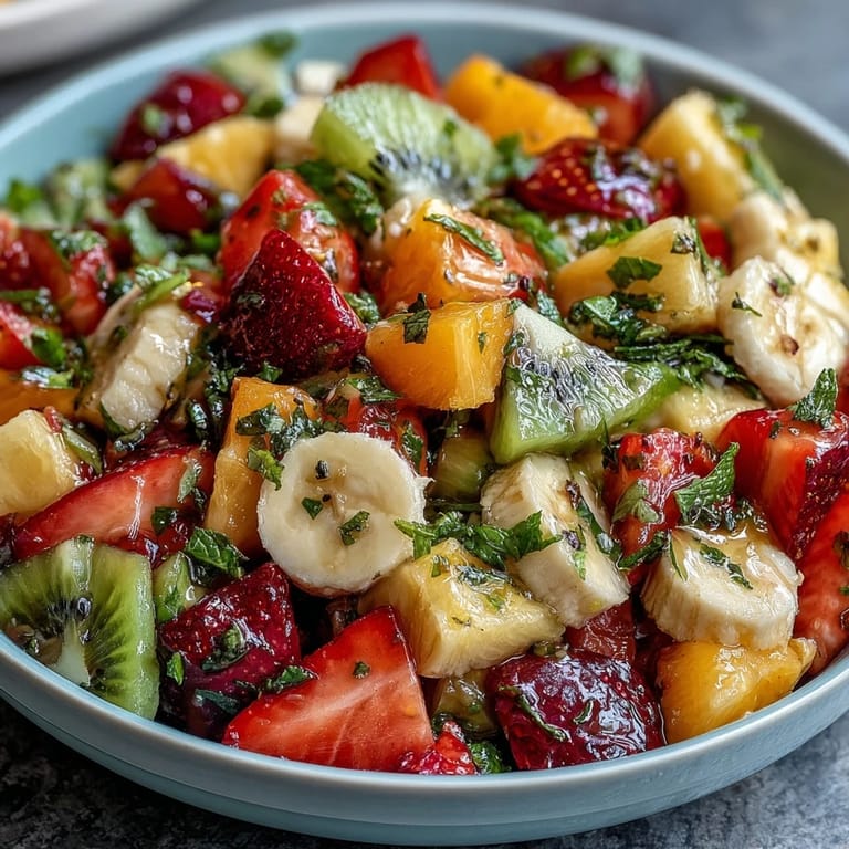 Overhead shot of Tropical Fruit Salad with Mint Lime Dressing served in a white bowl with strawberries, kiwi slices, and a drizzle of zesty dressing.
