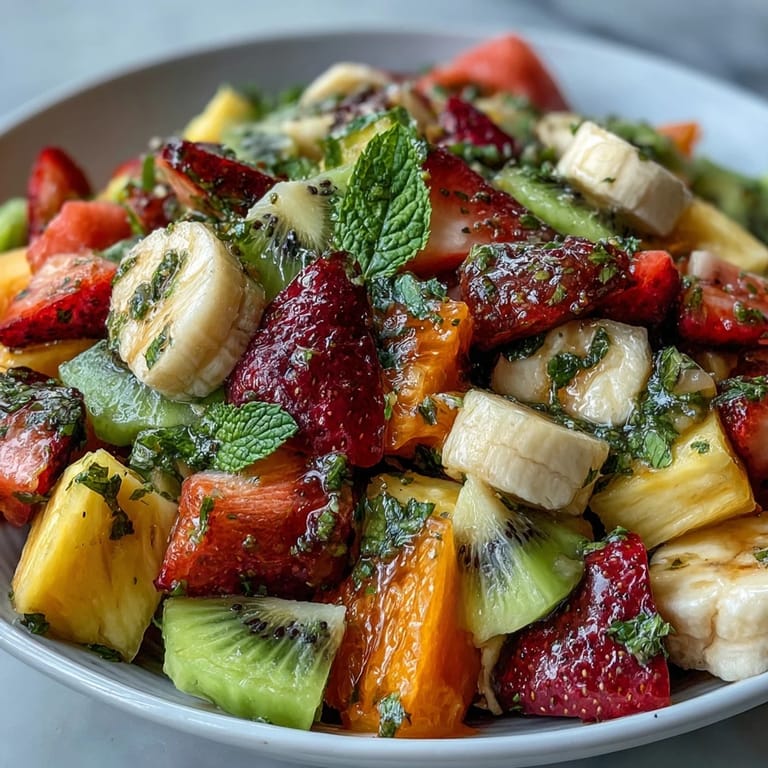 Refreshing Tropical Fruit Salad with Mint Lime Dressing in a glass bowl, garnished with mint leaves, perfect as a light summer side dish.