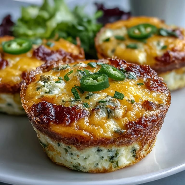 A close-up of Keto Jalapeño Cheddar Egg Cups reveals a fluffy, golden interior with melted cheddar, chopped jalapeños, and fresh green onions.