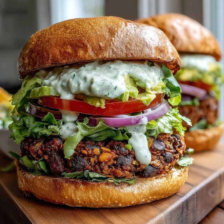 A creamy green avocado lime sauce drizzles generously over the hearty vegan sweet potato black bean burger.