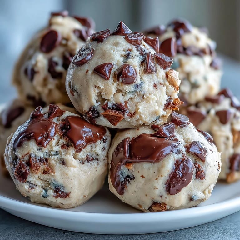 A close-up shot of Vegan Chickpea Cookie Dough Bites with Dark Chocolate Chips highlights the rich dark chocolate chips nestled in the dough.
