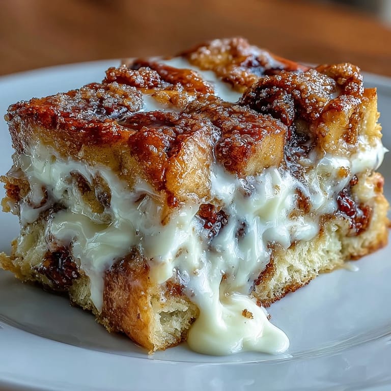 Freshly baked Cream Cheese Swirl Cinnamon Roll French Toast Bake in a white dish, ready to be served warm for a sweet brunch.