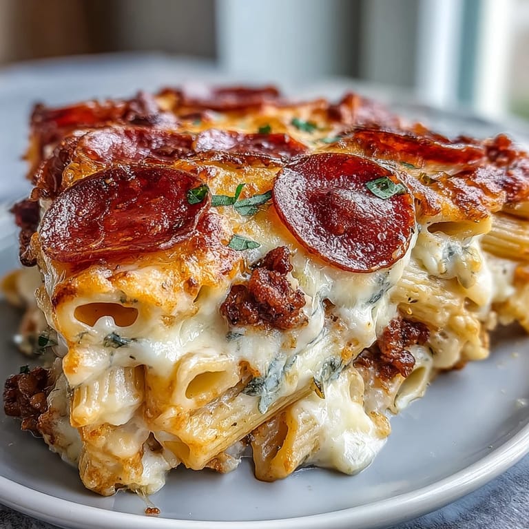 A hearty scoop of High-Protein Pizza Pasta Bake reveals layers of pasta, lean beef, and creamy sauce on a plate.