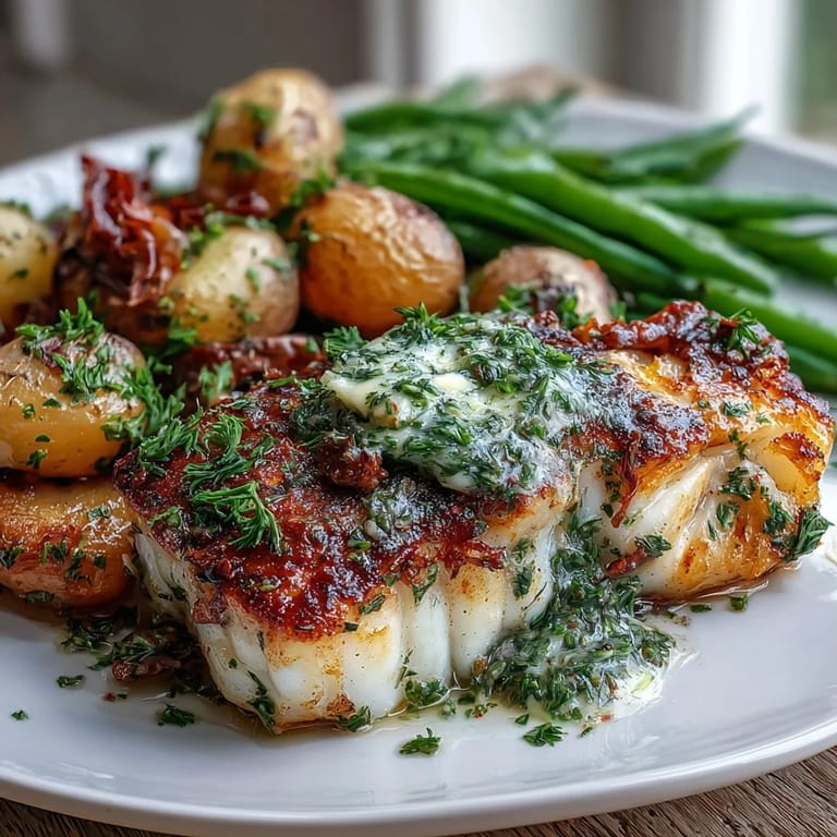 Fragrant garlic and herb butter melting over baked Garlic Herb Butter Cod, paired with golden potatoes and crisp-tender green beans on a rustic plate.