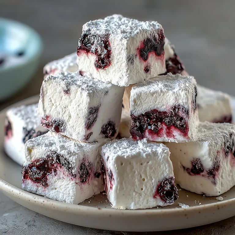 Soft, homemade marshmallows infused with tart blackcurrant purée, cut into perfect squares for a gourmet treat.