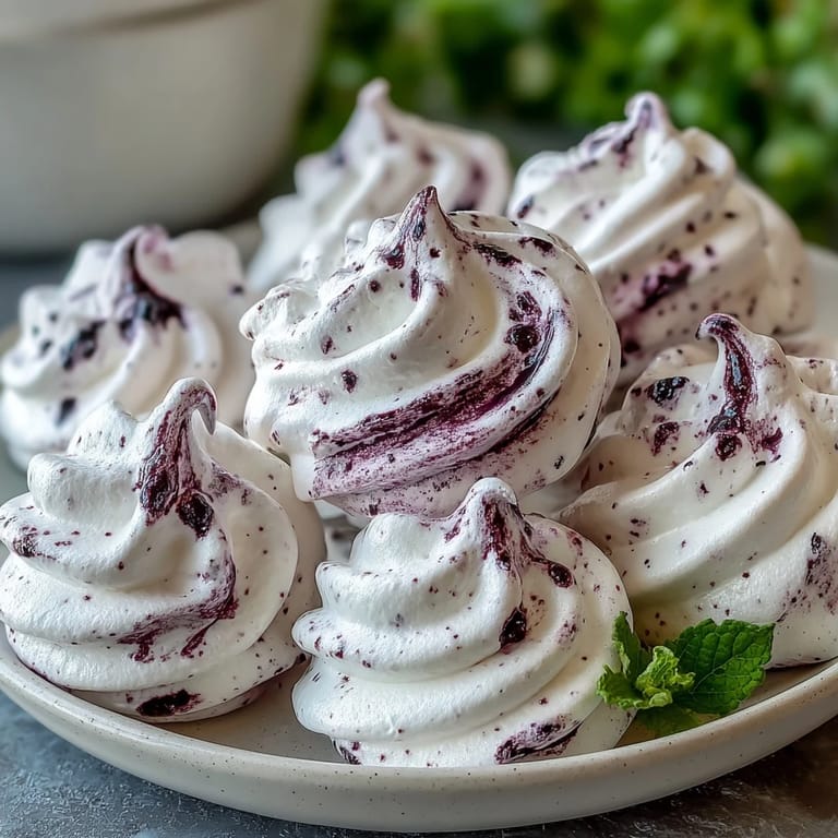 Close-up of golden-baked black currant meringues, their light crunch giving way to fruity, melt-in-your-mouth sweetness.