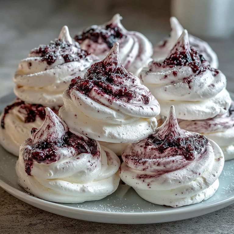 Elegant meringue cookies dusted with black currant powder, offering a sweet-tart flavor in every delicate bite.