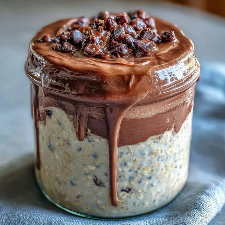 Velvety peanut butter overnight oats layered with homemade cocoa ganache, topped with chocolate chips and roasted peanuts for a breakfast inspired by classic candy.