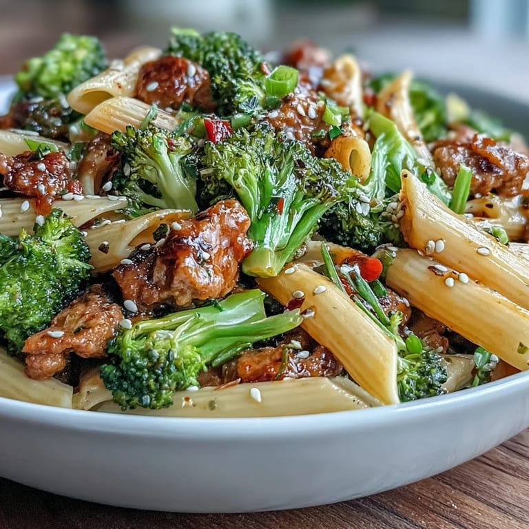A steaming bowl of Sweet & Spicy Turkey Broccoli Pasta garnished with green onions and sesame seeds, showcasing the colorful mix of turkey, penne, and crisp vegetables.