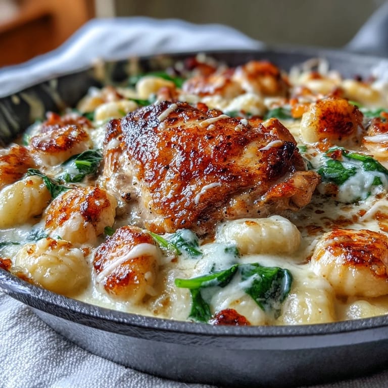 Hearty skillet meal of seared chicken thighs and gnocchi in garlicky cream sauce.