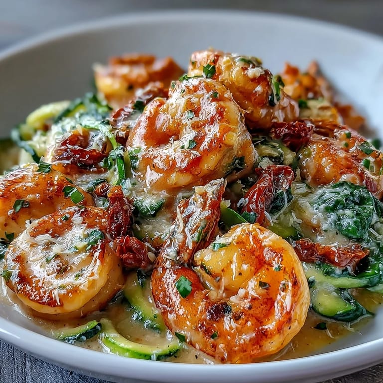 Flavorful keto Tuscan shrimp dish with sun-dried tomatoes, spinach, and zucchini noodles in a decadent garlic cream sauce.