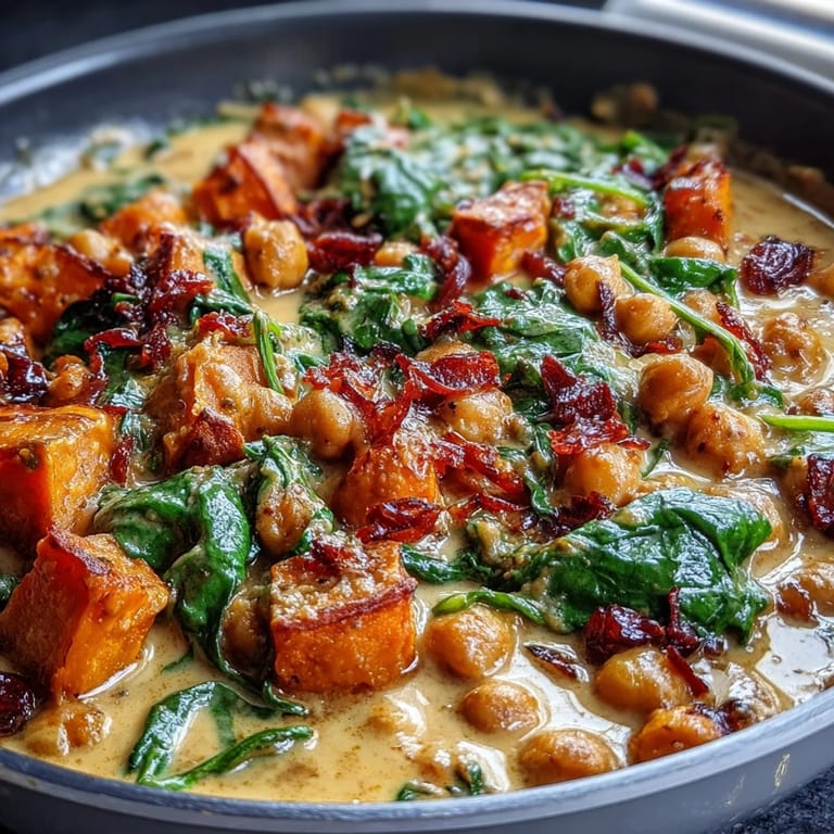 A close-up shot of the finished Coconut Curry Chickpea Skillet being served in a bowl, with the creamy sauce clinging to the chickpeas and sweet potatoes.