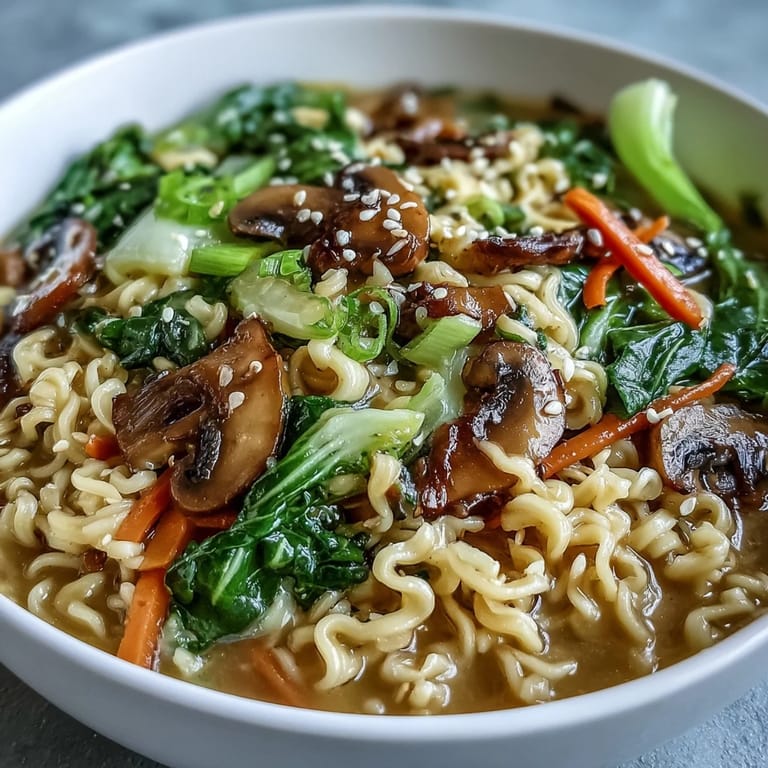 A steaming bowl of vegan ramen with silky coconut curry broth, vibrant bok choy, and umami mushrooms.  