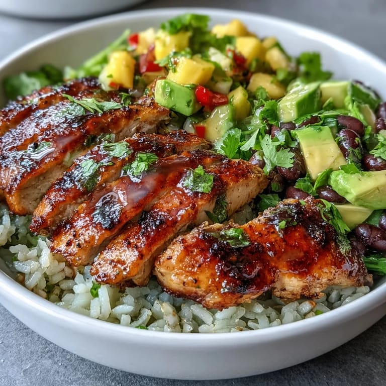 Grilled chicken slices over hearty brown rice, black beans, and vibrant mango avocado salsa in a nourishing bowl.  