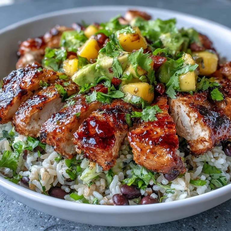 Wholesome chicken bowls with smoky grilled chicken, black beans, and sweet mango avocado salsa served over fluffy brown rice.