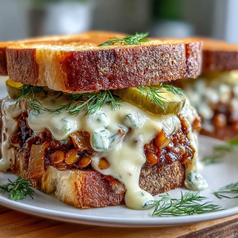 Savory lentil sloppy joes with smoky spices and tangy pickles, served open-faced on toasted sourdough bread.