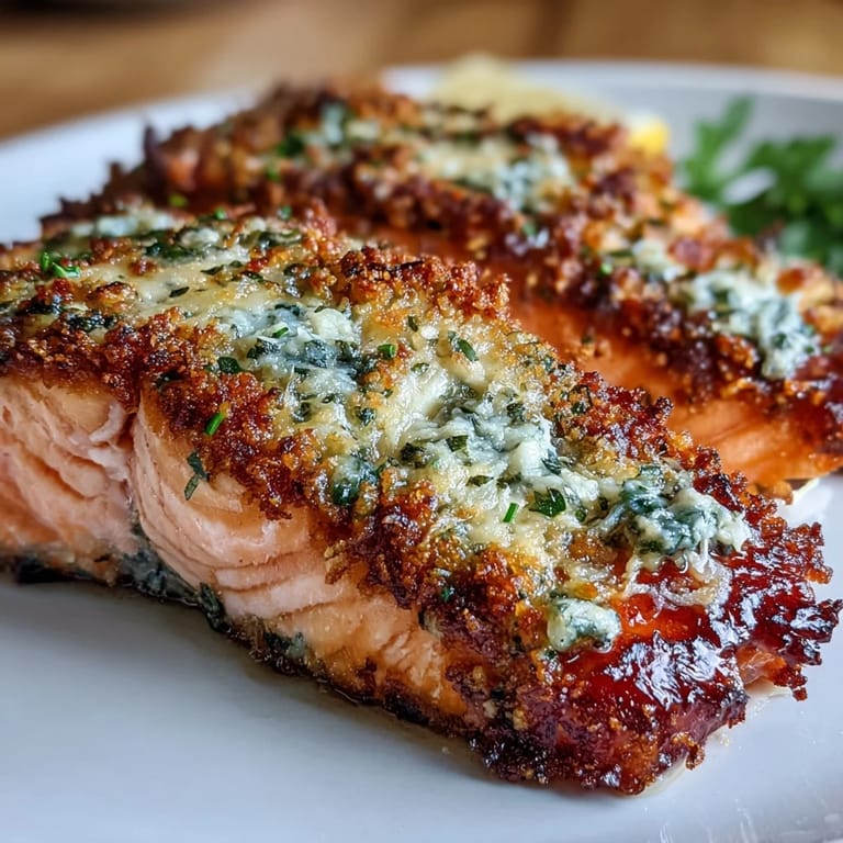 Baked salmon with rich garlic-Parmesan topping, paired with tender roasted broccoli and lemon wedges for a fresh, flavorful meal.