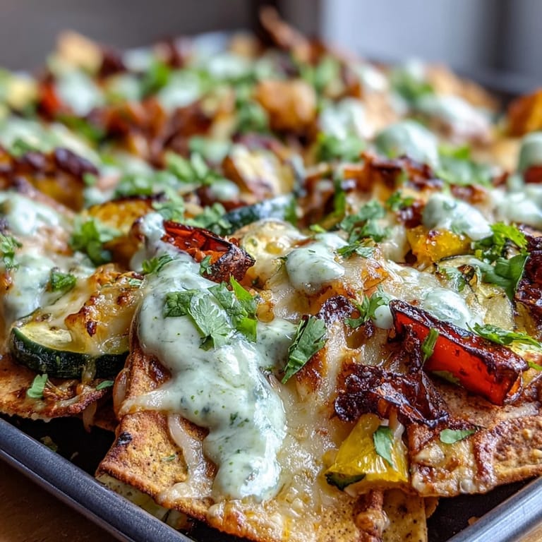 Crispy tortilla chips baked with colorful roasted vegetables, zesty salsa verde, and rich homemade cashew queso for a vegan Tex-Mex feast.