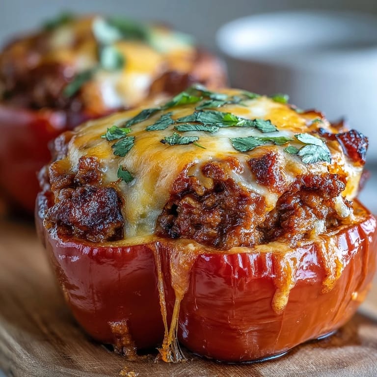 Colorful bell peppers packed with spicy taco-seasoned beef, topped with gooey cheddar cheese and baked until tender and golden.