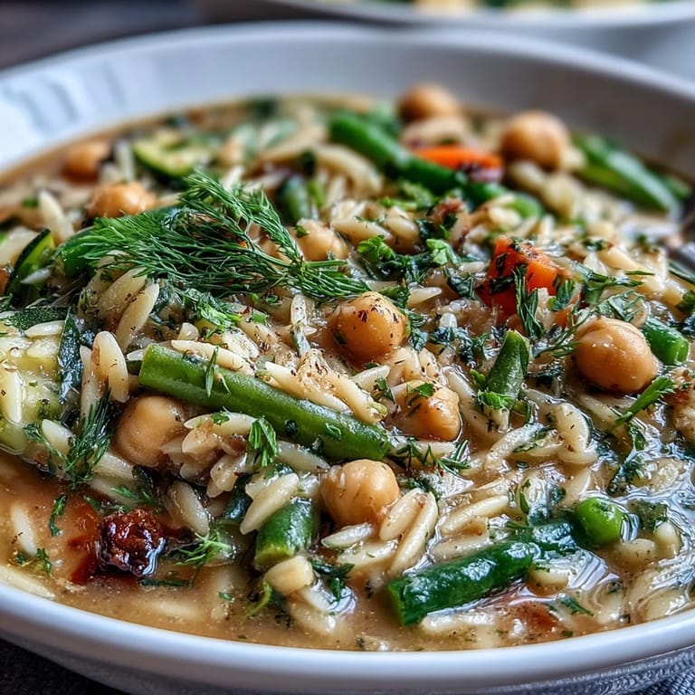 Wholesome Mediterranean-inspired one-pot lemon herb orzo with chickpeas, tender spring veggies, and zesty lemon in a rustic bowl.