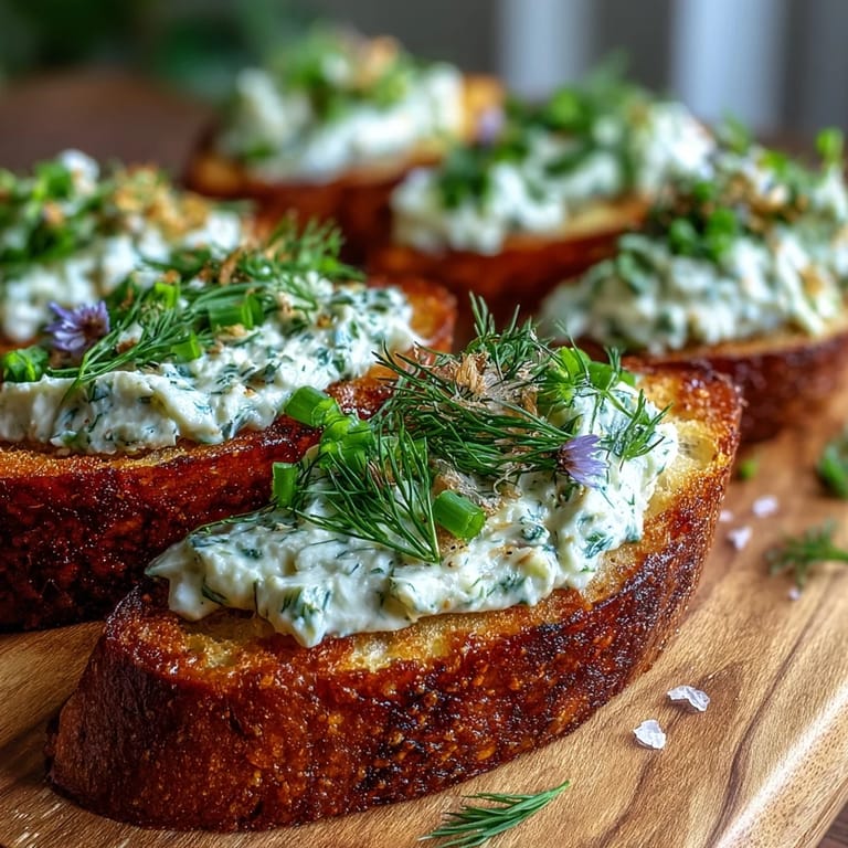 Golden toasted crostini topped with creamy, seasoned cheese and a vibrant herb medley.